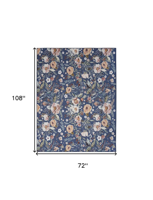 5' X 7' Blue and Green Floral Power Loom Washable Non Skid Area Rug